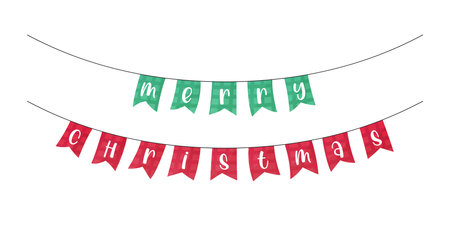 Merry Christmas festive flags. Xmas garland vector illustration. December 25 holiday decorative bunting isolated on white backgroundのイラスト素材