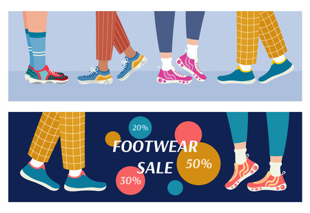 Footwear Banners Set. Legs in sneakers side view. Special offer design. Advertising banner with sports shoes. Flat vector illustration.のイラスト素材