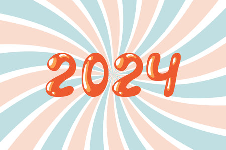 2024 groovy vector. Hand drawn number 2024 New Year isolated on swirl background in retro styleのイラスト素材