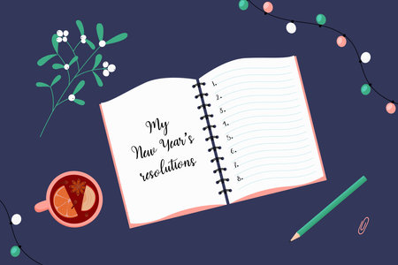 New Year resolutions. Goals list for next year. Notebook, pencil, mulled wine and mistletoe branch. Vector illustrationのイラスト素材