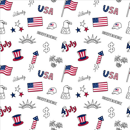 USA doodle elements seamless pattern. Vector 4th of July background with US symbols, American flag, eagle, hat. Repeating illustrationのイラスト素材