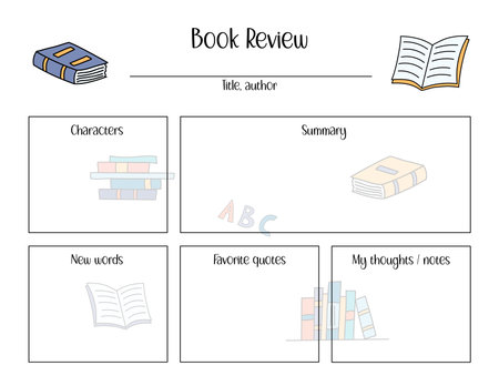 Book review template for kids. Reading report worksheet. Vector blank page with cute doodle design. US Letter paper size.のイラスト素材