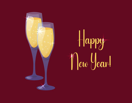 Happy New Year shiny greeting card. Champagne glasses. Sparkling wine in wineglasses. Vector illustration for New Year celebrationのイラスト素材
