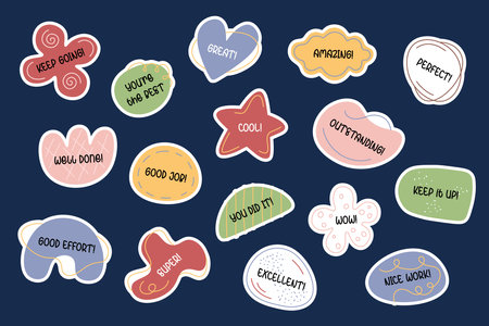 Motivational and encouraging stickers pack. Good job, great, well done, excellent. School reward labels, encouragement signs. Educational stickers, inspirational phrases for personal planner. Vectorのイラスト素材