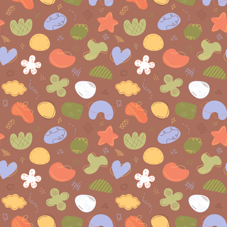 Abstract seamless pattern. Vector background with various hand drawn shapes. Trendy abstraction minimalist objects, decorative elementsのイラスト素材