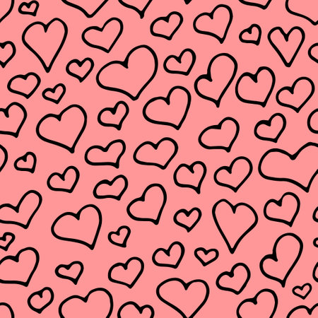 Cute hearts pattern. Vector seamless background for Saint Valentines day, wedding, date. Hand drawn hearts repeat illustration. Doodle love symbols black and pink printのイラスト素材