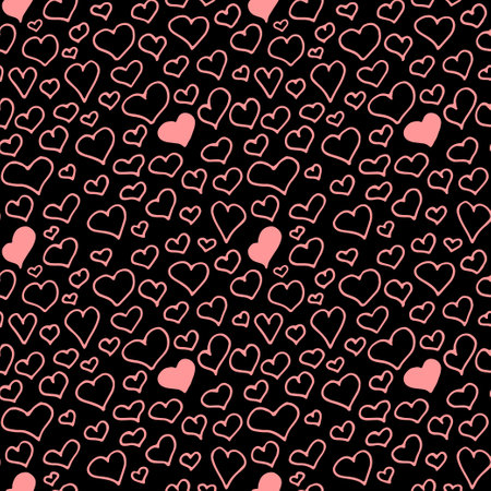 Doodle hearts pattern. Black and pink vector seamless background for Saint Valentines day, wedding, date. Cute hand drawn hearts repeat illustration. Scribble love symbols decorのイラスト素材