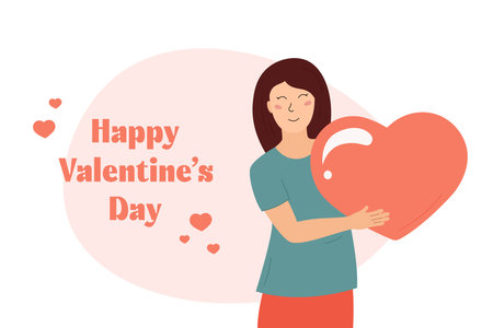 Happy Valentines Day greeting card. Smiling woman holding huge heart. Cute big Love symbol in hands of girl. Flat vector illustration. Valentine celebration romantic poster, bannerのイラスト素材