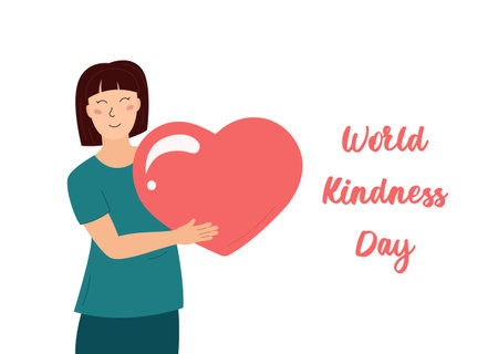 World Kindness Day November 13. Cute happy woman holding big heart. Smiling girl and huge love symbol. Vector kindness day poster illustration with text white backgroundのイラスト素材