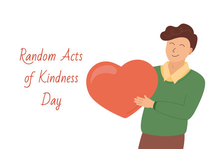 Random acts of Kindness Day greeting card. Vector illustration of smiling man holding big heart in hands. Happy Kindness day poster, banner. February 17 holidayのイラスト素材