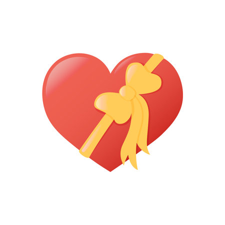 Red Heart with golden bow. Love symbol with glare and gradient isolated on white background. Valentines Day February 14 present, gift, surprise. Vector object illustrationのイラスト素材