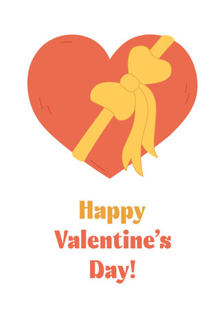 Happy Valentines Day greeting card. Cute doodle heart with tied gift bow and text. February 14 celebration card for loved one, sweetheart. Romantic vector flat illustrationのイラスト素材
