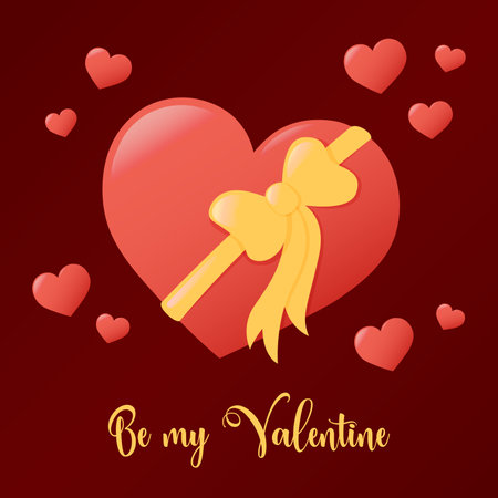 Be My Valentine square card. Red heart with golden bow and text. Romantic Valentine Day February 14 celebration Vector illustrationのイラスト素材