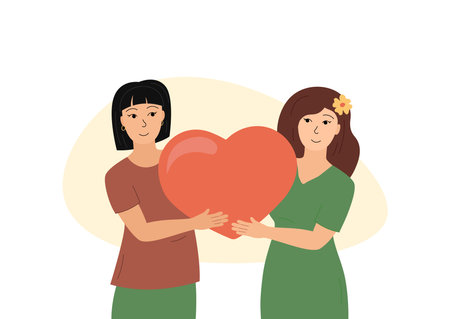 Female couple in love. Lesbian family. Smiling women holding big heart together. Two girlfriends LGBT concept flat vector. Valentines day celebration romantic illustrationのイラスト素材