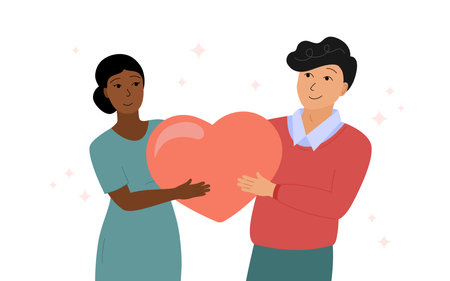 Multiracial couple in love together. Woman and man of different races holding big heart love symbol and smiling. Happy relationship, marriage, family. Vector illustrationのイラスト素材
