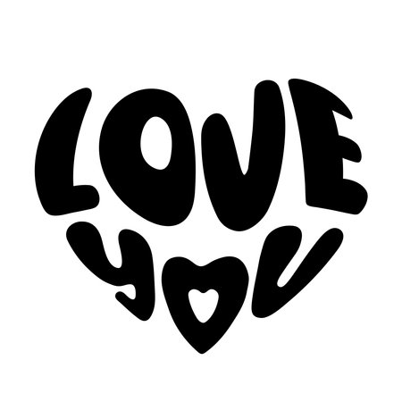 Love You phrase in heart shape. Monochrome black handwritten lettering isolated on white background. Hand drawn saying for Valentines Day designs. Romantic vector illustrationのイラスト素材