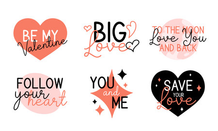 Love Phrases cute set. Valentines Day sayings, romantic quotes. Be my Valentine, follow your heart, love you to Moon and back. Vector clipart, stickers, t shirt prints.のイラスト素材