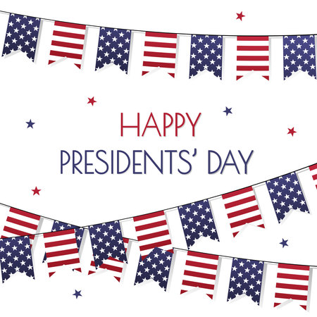 Happy Presidents Day square poster. American flags background for social media post. USA national February holiday. Vector illustration with textのイラスト素材