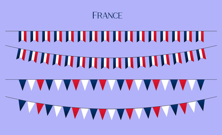 France flags bunting, garland, streamer vector set. Flat decorative party banners in style of French flagsのイラスト素材