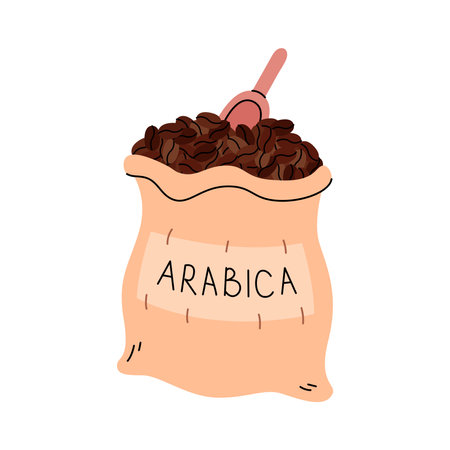 Roasted coffee beans in sack doodle vector illustration. Cute doodle cartoon design element. Simple hand drawn object. Coffee in bag isolated on white backgroundのイラスト素材