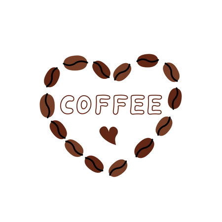 Coffee love doodle vector illustration. Heart shaped coffee beans. Cute hand drawn design compositionのイラスト素材