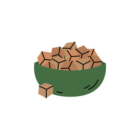 Cane sugar cubes in bowl doodle vector illustration. Simple hand drawn object. Pile of brown sugarのイラスト素材