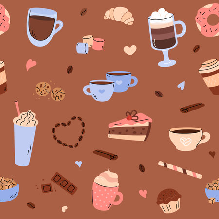 Coffee time seamless pattern vector. Cute background with doodle coffee and sweet food elements in simple hand drawn style. Different coffee drinks cappuccino, espresso, mocha. Cake, croissant, donutのイラスト素材
