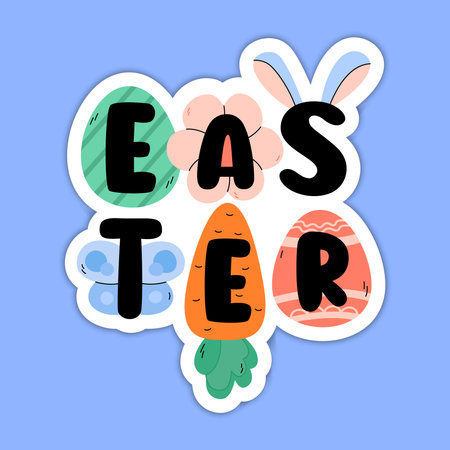 Easter cute cartoon vector illustration. Easter print colorful for greeting cards, posters, web banners, stickers. Doodle elements eggs, flower, bunny, carrot.のイラスト素材
