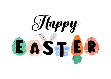 Happy Easter greeting card, poster. Spring doodle elements eggs, flower, bunny, carrot. Cute Easter celebration vector illustrationのイラスト素材