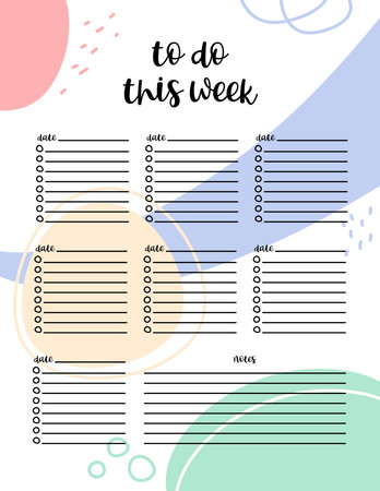 Weekly planner page template US Letter vector. To Do list week blank sheet. Personal planner with copy space for writing activities and notes. Cute abstract background with hand drawn elementsのイラスト素材