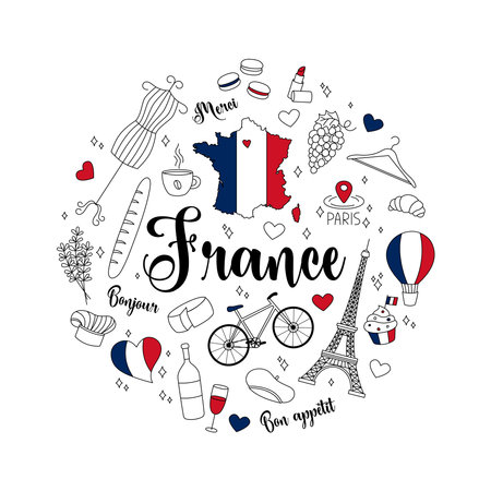 France doodles round design set. Vector illustrations of isolated French elements in cute hand drawn style. Outline national symbols Eiffel Tower, lavender, country map, flag and othersのイラスト素材