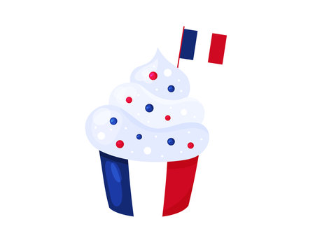French cupcake with France flag. Flat vector illustration isolated. Paris travel. Sweet food, dessert in France patriotic themed styleのイラスト素材