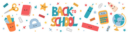 Cute Back to school banner. Office stationery elements vector background. School rectangular horizontal web banner. Funny educational smiling characters and textのイラスト素材