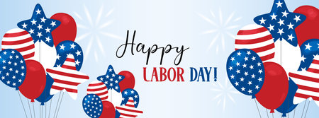 Happy Labor Day banner. American Labor Day celebration. Text and festive balloons in national colors of USA flag. United States september holiday. Vector illustration.のイラスト素材