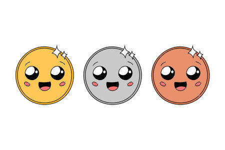 Cute smiling medals set vector illustration. Doodle golden, silver and bronze prizes with faces. Winner awards happy characters first, second and third places. Outline hand drawn medals 1, 2, 3のイラスト素材