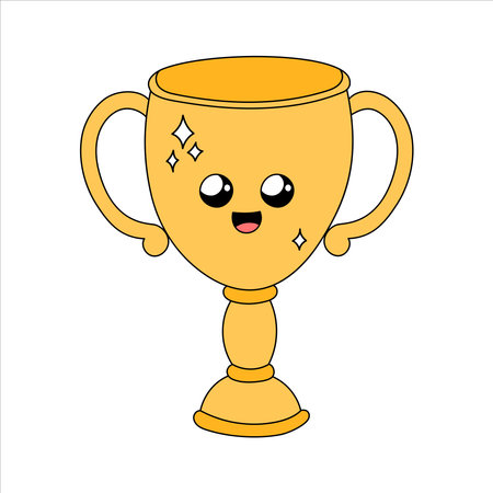 Cute winner cup vector doodle illustration. Golden prize, award for first place. Smiling champion cup character with face. Golden goblet outline hand drawn isolated elementのイラスト素材