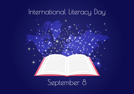 International Literacy Day September 8 celebration. Glowing open book. Love of reading concept. Vector flat illustration. Holiday poster, cardのイラスト素材