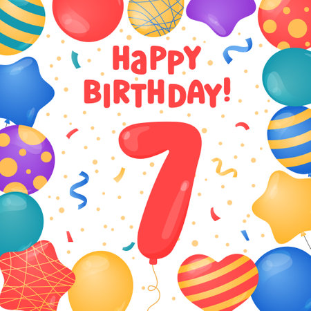 Happy Birthday 7 years card design. Seventh Birthday celebration. Vector illustration. Bday greeting card template. Helium balloons, confetti, number seven and text. Fun colorful postcardのイラスト素材
