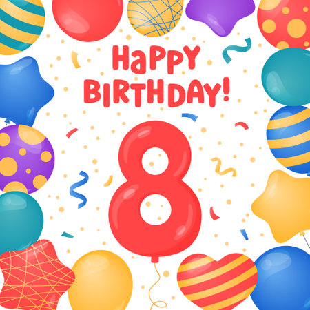 Happy Birthday 8 years card design. Eighth Birthday celebration. Vector illustration. Bday greeting card template. Helium balloons, confetti, number eight and text. Fun colorful postcard, party objectのイラスト素材