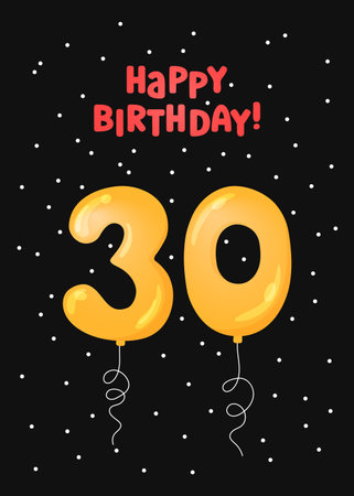 Happy Birthday 30 years greeting card design. Vector illustration. Vertical Bday card template. Colorful helium balloons number 30 and text. Fun celebration postcardのイラスト素材