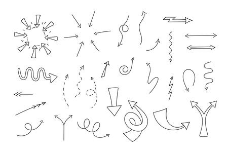 Hand drawn arrows vector set, Isolated doodle pointing signs dotted, linear, straight and curved. Lightning arrow, wave and zigzag simple black pointersのイラスト素材