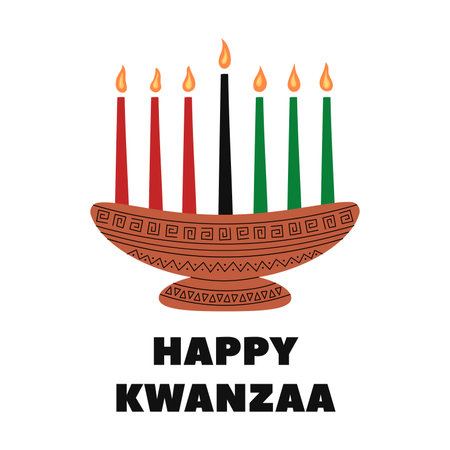 Happy Kwanzaa holiday. Vector square poster illustration of African kinara Kwanzaa symbol and text. Seven candles in candle holder with traditional ornamentのイラスト素材