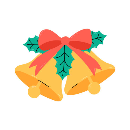 Cute Christmas bells tied with bow and holly leaves. Isolated vector illustration. Two jingle bells as Xmas holiday symbol for December seasonal designs and greeting cards. Flat and doodle elements.のイラスト素材