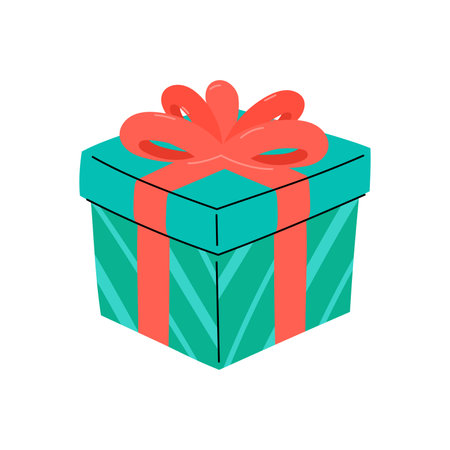 Cute gift box with ribbon and bow. Isolated vector illustration. Wrapped gift for Christmas, birthday, New Year or other celebration, event. Flat present box.のイラスト素材
