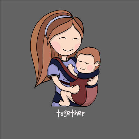 Happy cartoon characters, mother carrying a child using a handy device baby carrier, baby wearing and attachment parenting conceptのイラスト素材
