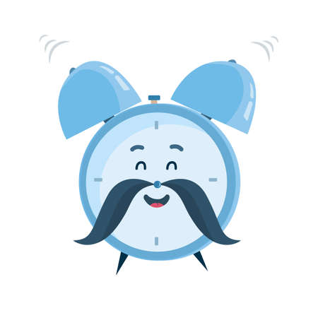 Vector funny cartoon character, laughing and ringing old-fashioned blue alarm clock with a mustache. Great design for children books, clothes, printsのイラスト素材