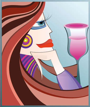 Abstract  illustration of a woman with glass of wineのイラスト素材