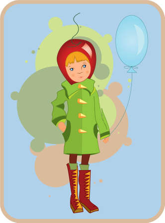 Illustration of  a child in green coat with air balloon in his handのイラスト素材