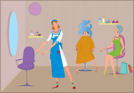 Beauty salon worker girl inviting to sit in the chairのイラスト素材