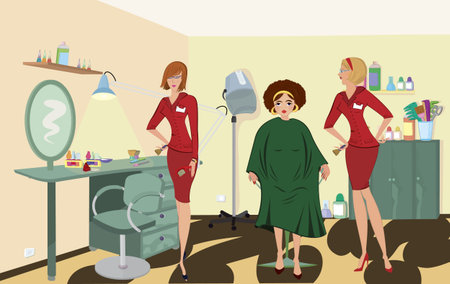 Beauty salon  client two salon workers in red uniformsのイラスト素材